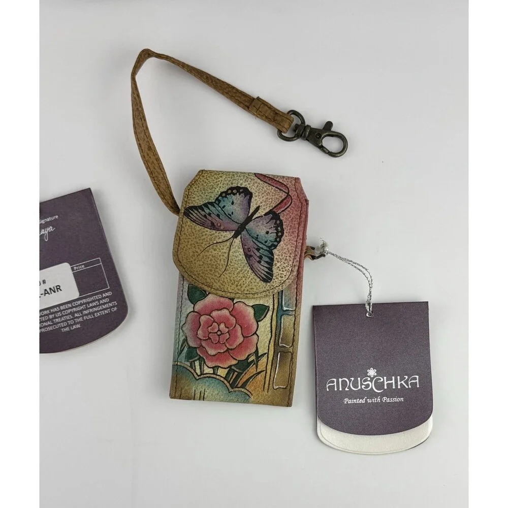 Anuschka Leather Handpainted Butterfly Floral Purse Handbag/Wristlet/Wallet NEW